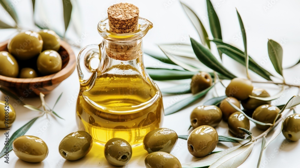 bottle of olive oil with green olives and leaves bottle of olive oil with green olives and leaves