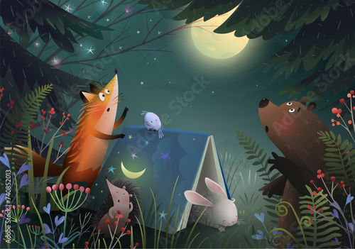 Animals in forest sleeping under a book, looking at stars and full moon. Bear fox rabbit and porcupine read a good night book in nature before sleep. Vector children illustration in watercolor style.