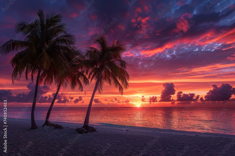 Fototapeta premium At sunset, a tropical island beach transforms into a breathtaking and idyllic scene, captivating with its beauty and tranquility
