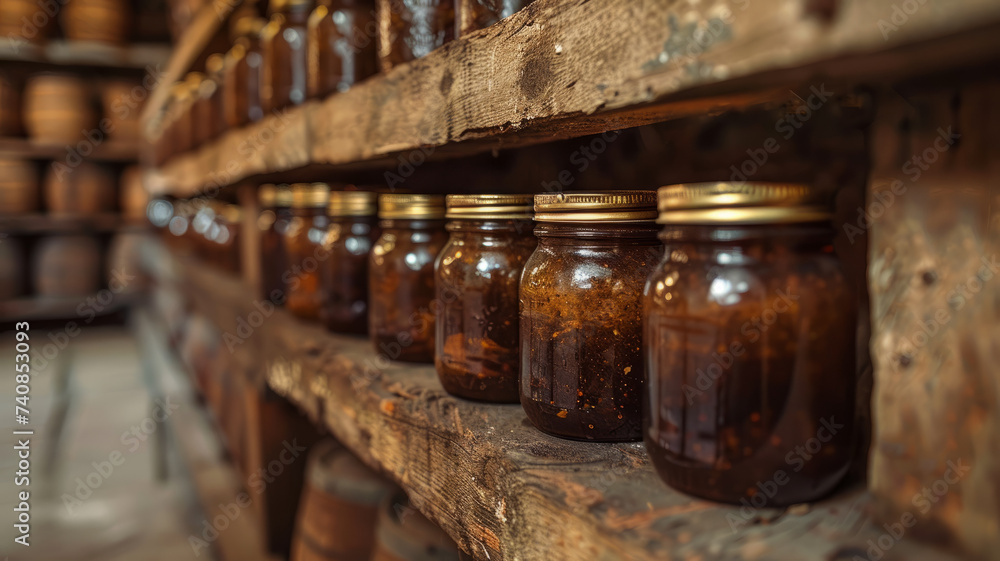 Jars on a shelf in an old basement Jars on a shelf in an old basement