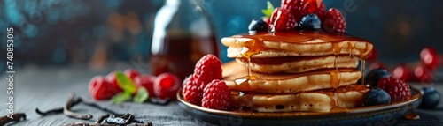 Pancakes transformed with Madagascar vanilla bean maple syrup aged in bourbon barrels breakfast luxury photo