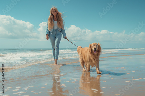 A young woman walks with her golden retriever dog along the seashore © Ala