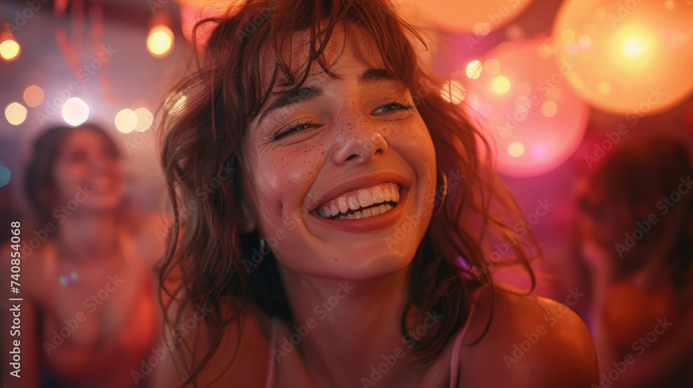 Laughing woman at a noisy party Laughing woman at a noisy party
