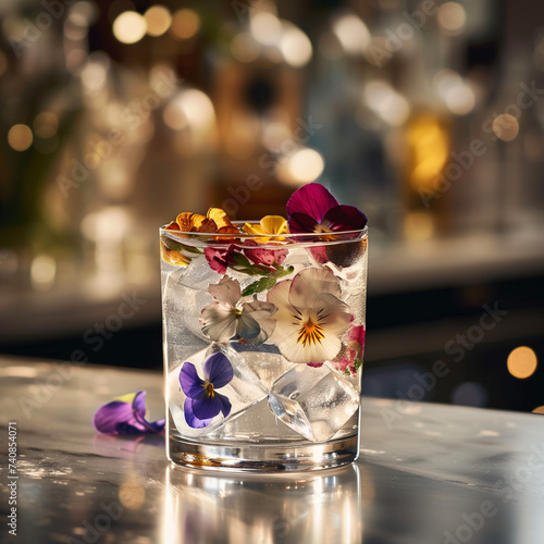 Elegant Cocktail Adorned with Edible Flowers on Bar Counter