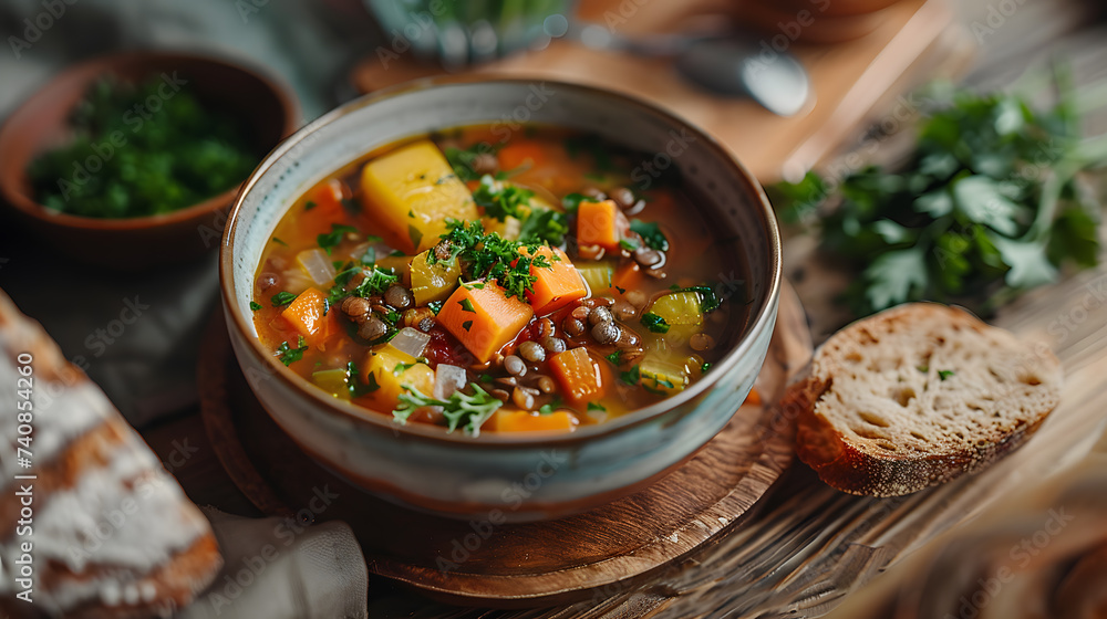 Hearty Vegetable Lentil Soup Served with Bread Hearty Vegetable Lentil Soup Served with Bread