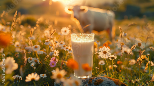 A glass of fresh milk in the middle of a meadow.