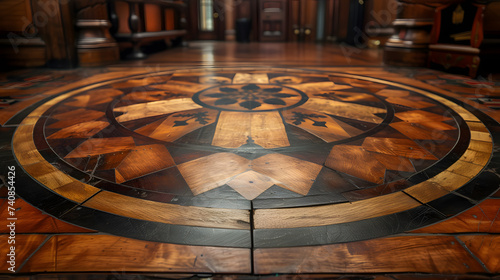 Intricate Circular Design on Wooden Floor