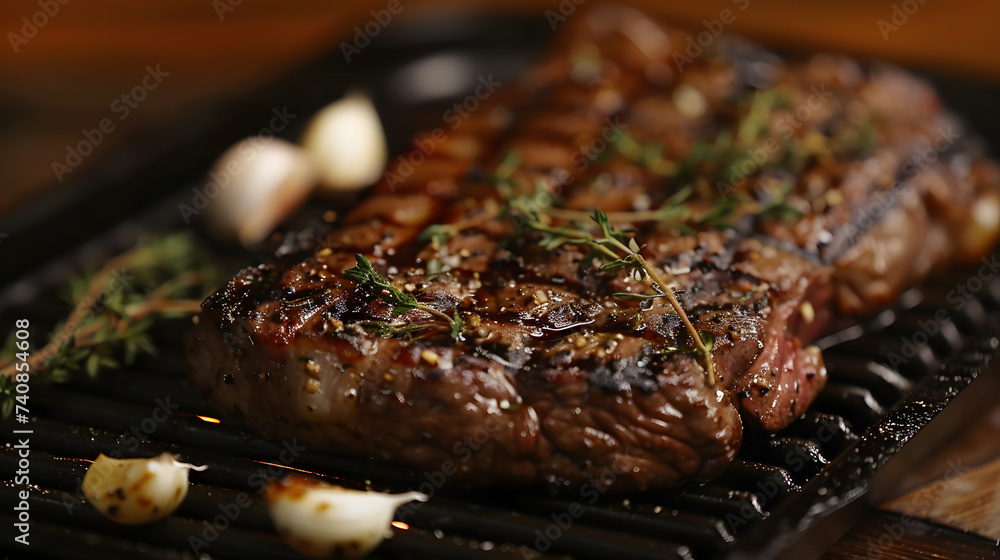 Juicy Grilled Steak with Fresh Herbs on Grill Pan Juicy Grilled Steak with Fresh Herbs on Grill Pan