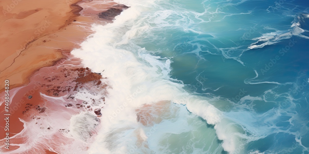 Fototapeta premium Aerial top view drom drone of a beautiful coastside waves sea ocean beach sand and surface. Relaxing vacation tourism deocrative promotion background scene