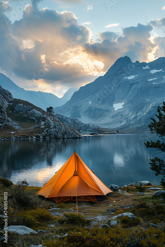 beautiful mountain landscape with a tent in the background © EvhKorn
