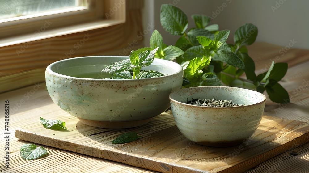 Ceramic Bowls with Fresh and Dried Herbs on Wooden Board Ceramic Bowls with Fresh and Dried Herbs on Wooden Board