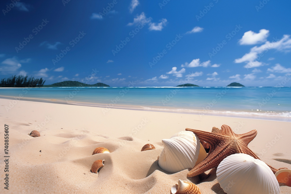 Beach colorful . Sand, sea, ocean, shells, starfish, palm trees, beach houses. Rest, vacation, relaxation. Beach colorful . Sand, sea, ocean, shells, starfish, palm trees, beach houses. Rest, vacation, relaxation.