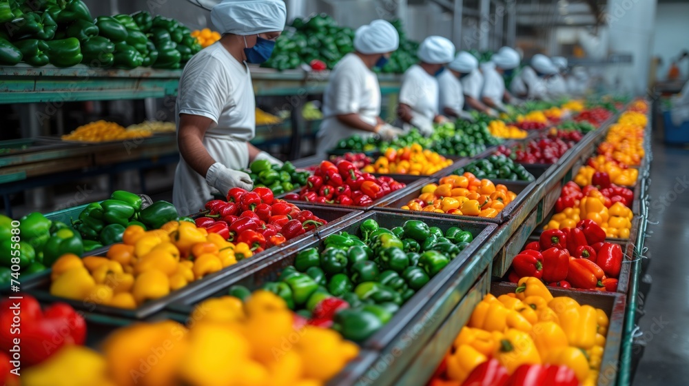 bell pepper production line Employees wear sanitary wear Including a white hat Bell peppers are arranged by color. on the conveyor belt