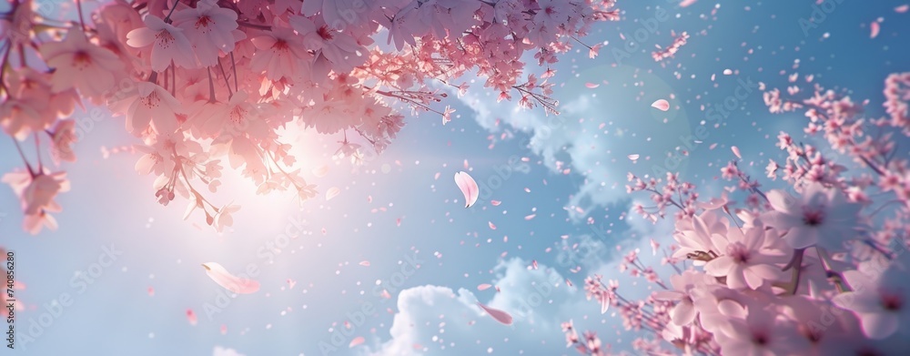 Ethereal Cherry Blossoms Against Blue Sky, Perfect Banner