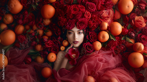 Person amidst vibrant oranges and red roses, creating a striking contrast photo