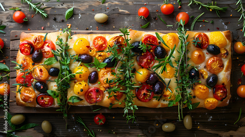 Colorful Cherry Tomato and Olive Focaccia on Wooden Surface photo