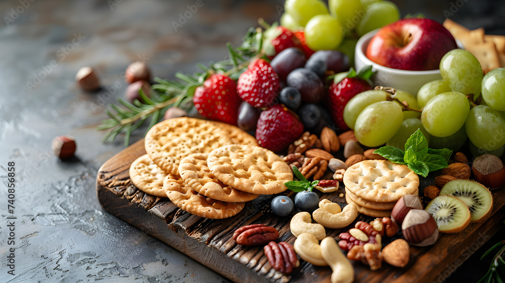 Assorted Fresh Fruits, Nuts, and Crackers on Wooden Board Assorted Fresh Fruits, Nuts, and Crackers on Wooden Board