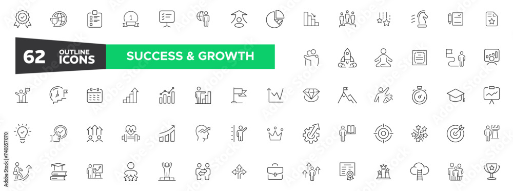 Growth & Success line icon set. web icons innovation, increase sale, coaching, progress, strategy, achievement, collection. Vector illustration.