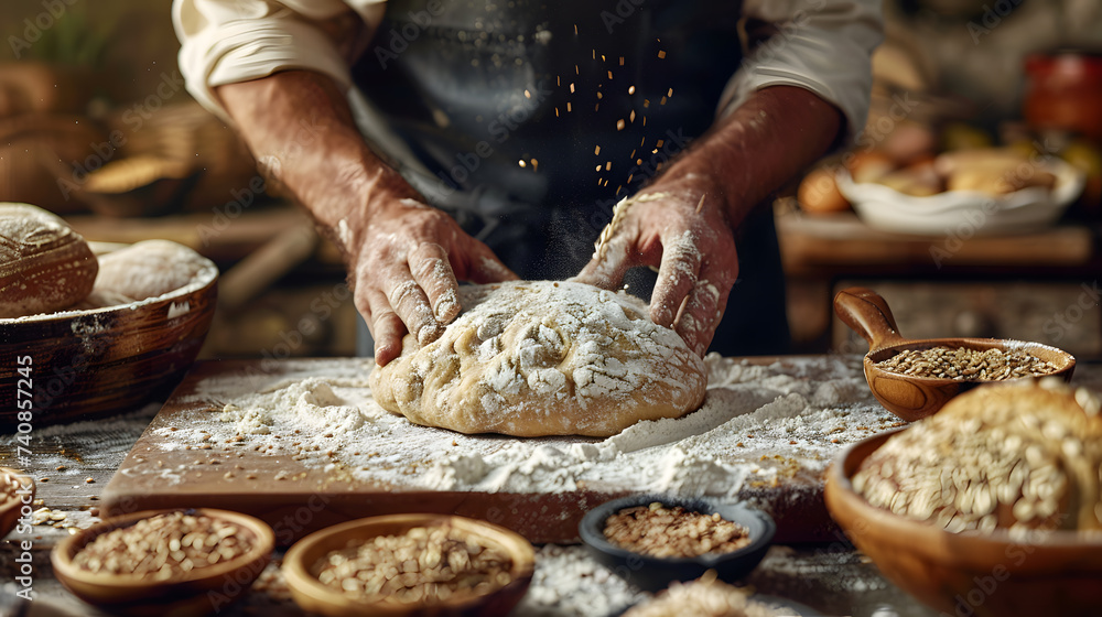 Artisan Bread Maker Kneading Dough on Rustic Table