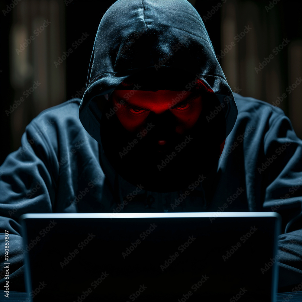 Hacker stealing data from laptop. Dark face. Blurred background. Hacker stealing data from laptop. Dark face. Blurred background.
