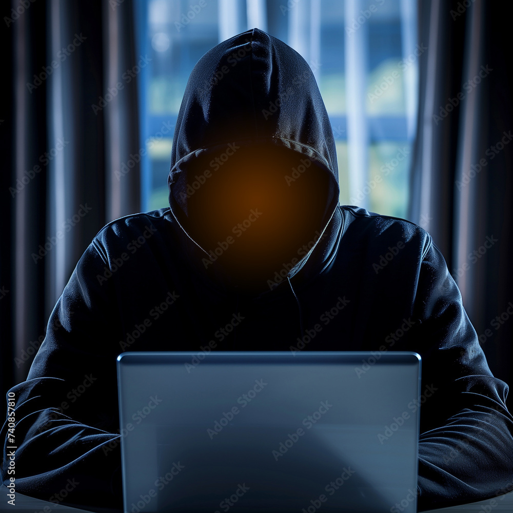 Hacker stealing data from laptop. Dark face. Blurred background. Hacker stealing data from laptop. Dark face. Blurred background.