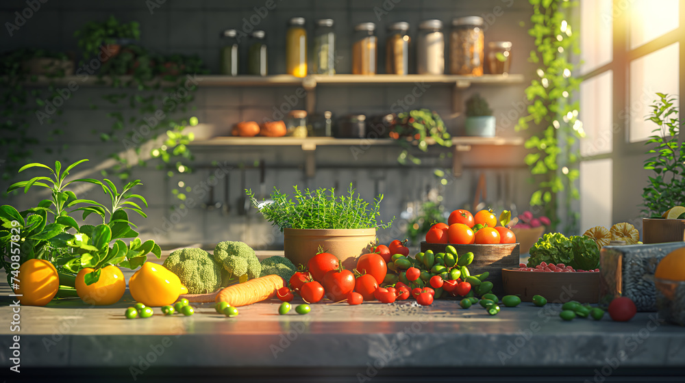 Sunlit Kitchen Counter Brimming with Fresh Produce Sunlit Kitchen Counter Brimming with Fresh Produce