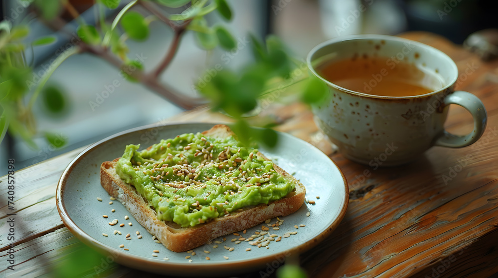 Avocado Toast and Tea on Wooden Table Avocado Toast and Tea on Wooden Table