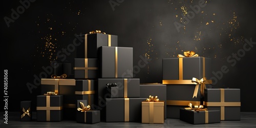 Large and small gift boxes are black and gold with gold-colored ribbons on a black background and sparkling gold particles
