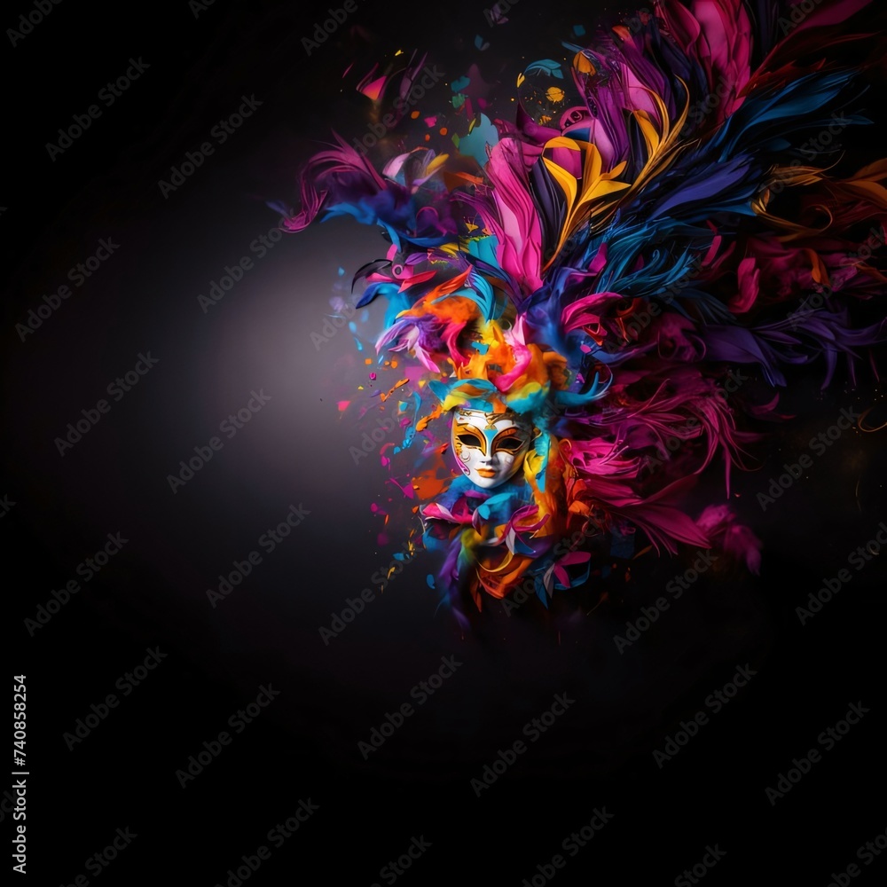 Carnival mask decorated with colorful rainbow ornaments, feathers on a dark background, to about space for your own content. Carnival outfits, masks and decorations.