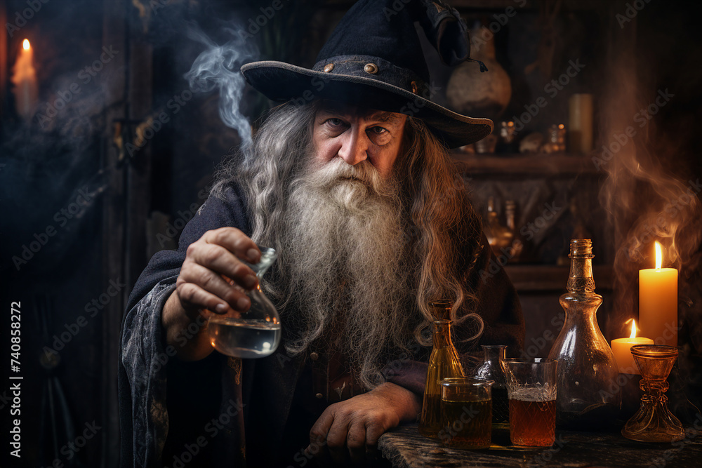 Digital generative ai image collage od wise wizard hold prepare magical drink potion - obrazy, fototapety, plakaty 