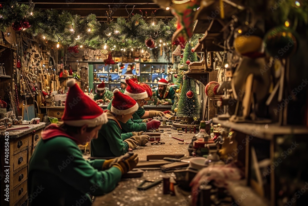 A festive group of individuals are seated around a room adorned with Christmas decorations, Elves busy at work in Santa's workshop, AI Generated