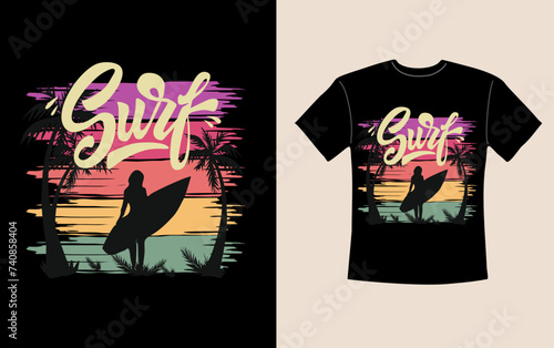 Surf Graphic t shirt design. Sea, ocean beach Summer sunset with palms and surfing girl silhouette with surfboard. Colorful bright vector illustration for tee.