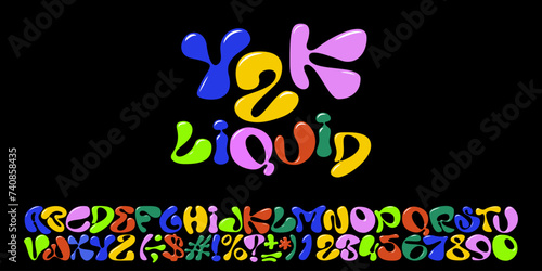 Y2K colorful liquid bubble letters. Cartoon bubble English font or alphabet. Groovy typography. Retro hippie ABC and numbers. Funny ballon font style. 3D vector illustration. Abstract plastic font.