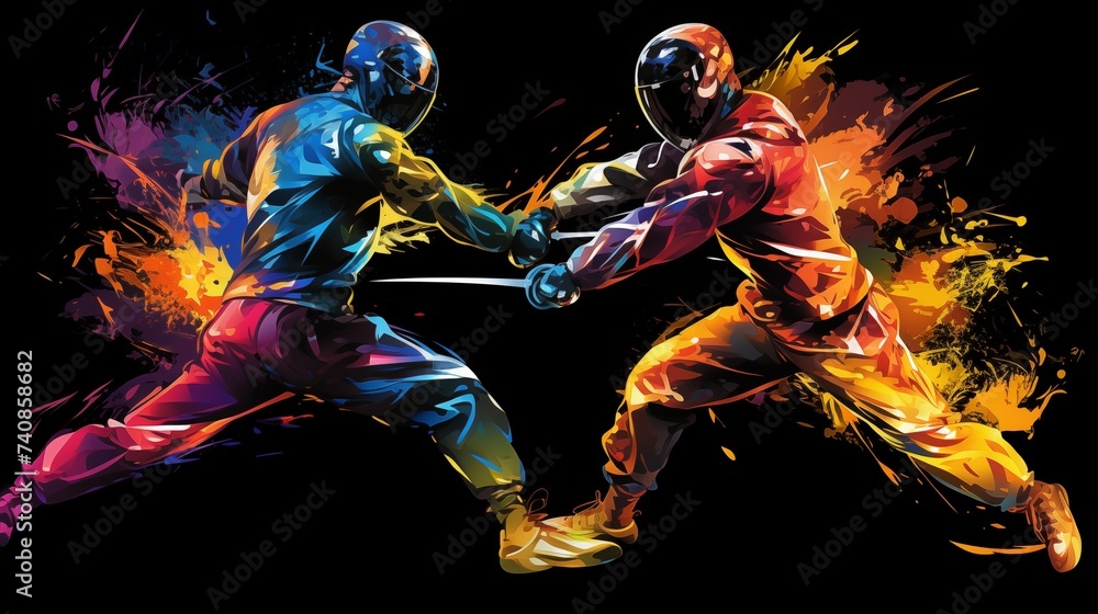 Fencing athletes dueling with swords in competition Fencing athletes dueling with swords in competition