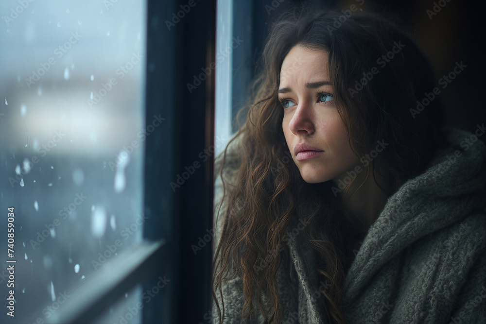 Picture of young woman looking through a rainy window with tears streaking down concept of loneliness and depression generative AI Picture of young woman looking through a rainy window with tears streaking down concept of loneliness and depression generative AI