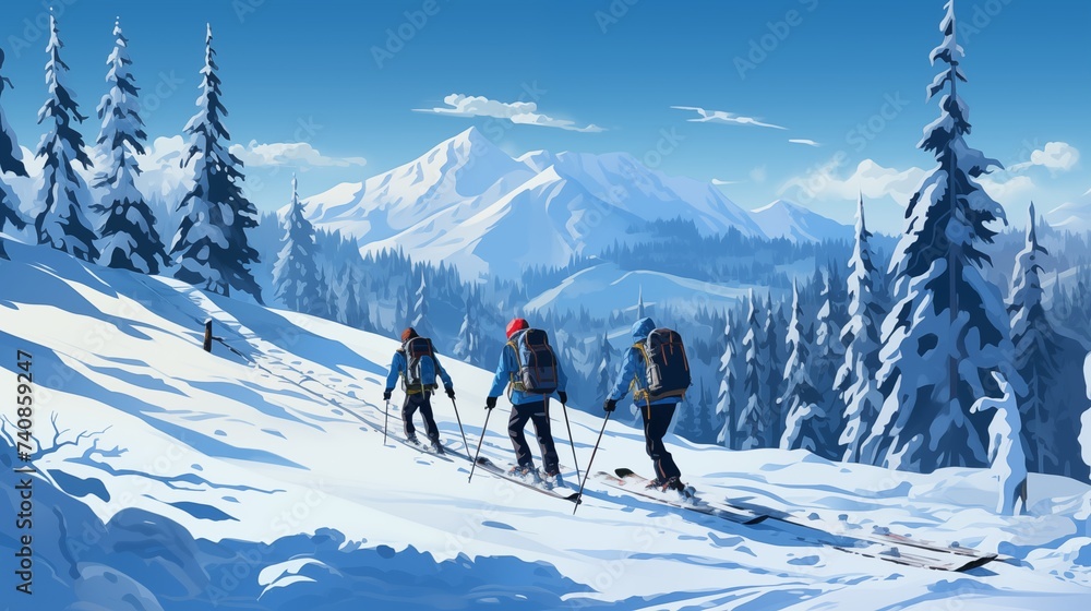 Cross-country skiers gliding through a snowy landscape