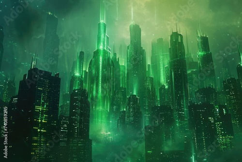 A highly illuminated cityscape of towering skyscrapers featuring futuristic architecture and vibrant green lights, Emerald city illustration with gleaming skyscrapers, AI Generated