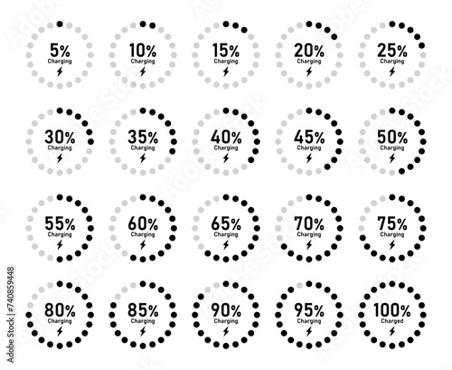 Battery recharge icon set with percentage charge indicator zero to full in circle black and white color vector flat illustration. Battery indicator circle - Vector Icon