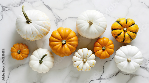 A group of pumpkins on a white color marble