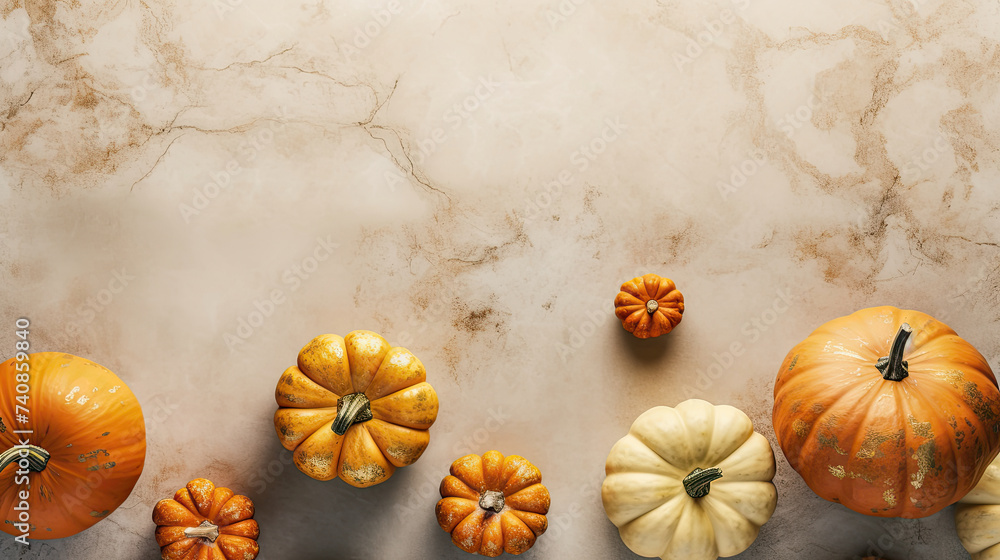 A group of pumpkins on a orange color marble