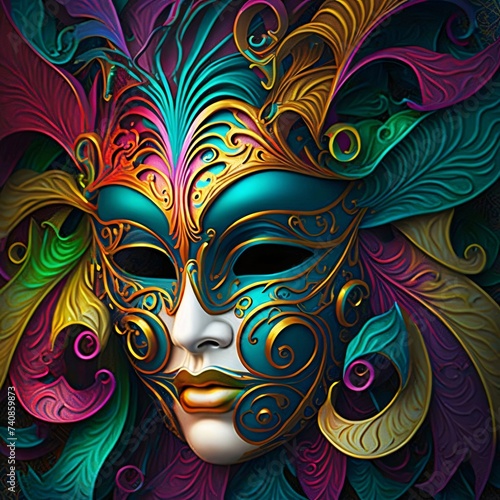 Carnival mask with colorful rainbow decorations on a dark background. Carnival outfits, masks and decorations.