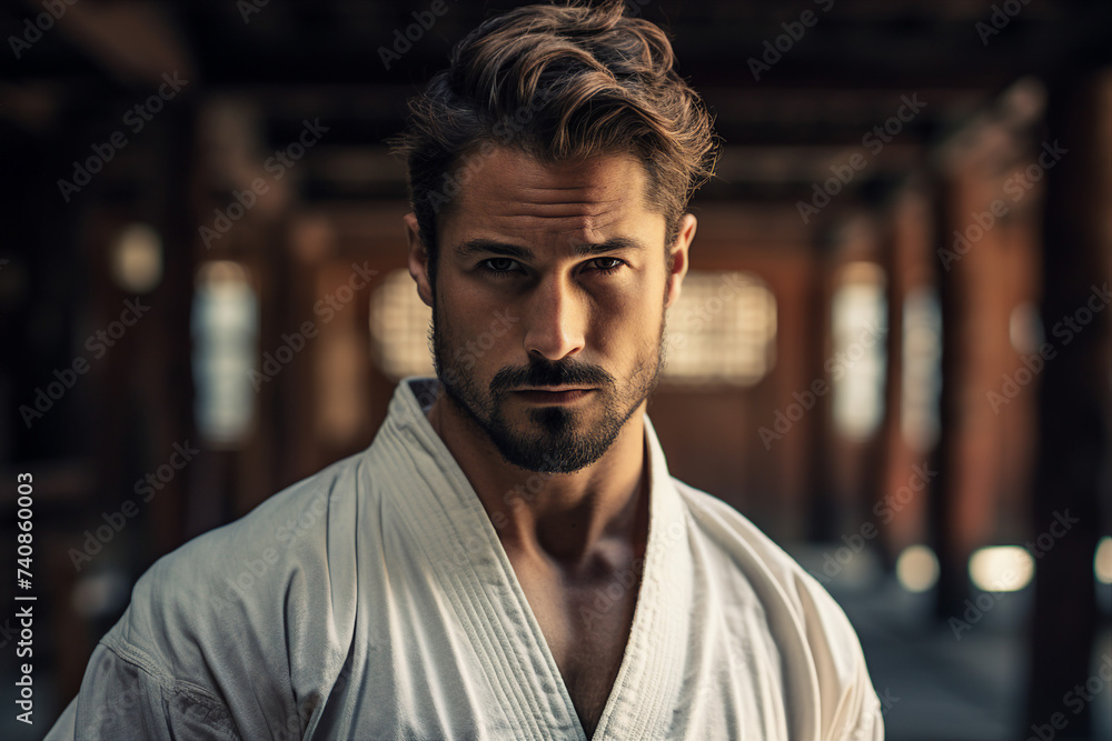 Generative AI image of asian man fighter practices martial arts Generative AI image of asian man fighter practices martial arts