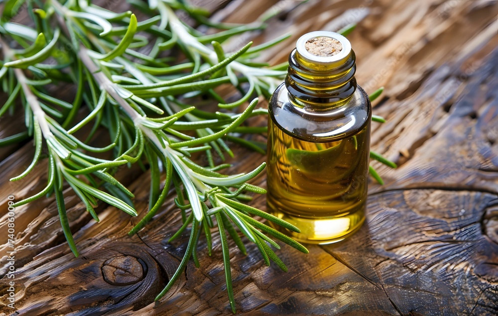Pure Rosemary Oil - Aromatherapy Elixir with Fresh Rosemary Leaves on a Rustic Wooden Table Pure Rosemary Oil - Aromatherapy Elixir with Fresh Rosemary Leaves on a Rustic Wooden Table