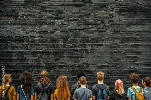 Put your message on the wall. Teens looking at brick wall.  large ad copy space