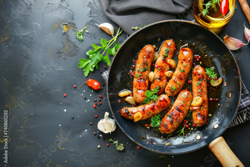 Fried sausages with garlic and herbs in a pan. On the black Board.