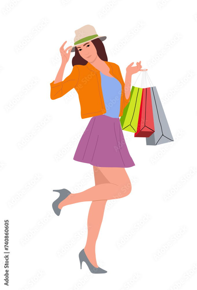 Happy girl buyer. Young woman wearing colorful modern clothes shopping bags. Joyful shopaholic cartoon character. Colorful flat vector realistic illustration isolated on white background.