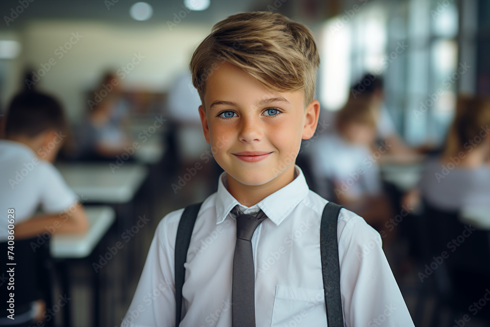 Generative ai made picture of intelligent happy smiling pupil at school classroom Generative ai made picture of intelligent happy smiling pupil at school classroom