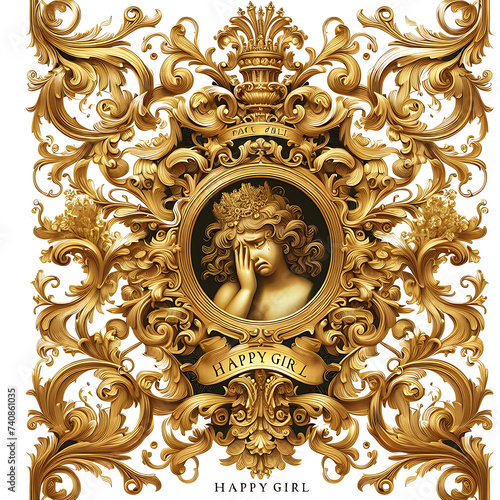 Sad girl doodle in golden baroque frame illustration