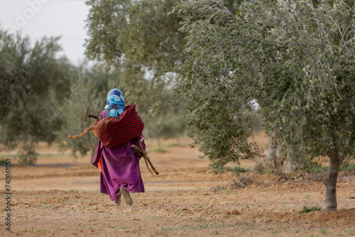 Tunisian female farmer in an olive field