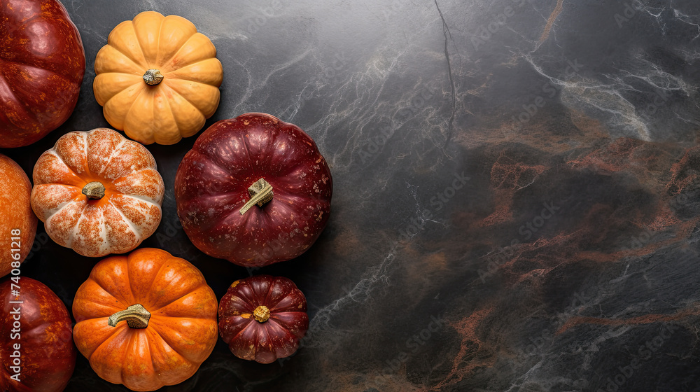 A group of pumpkins on a dark red color marble A group of pumpkins on a dark red color marble